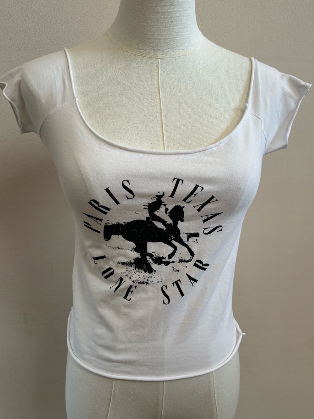 John Galt Paris Texas Baby Tee White Graphic Y2K Fitted Crop Top